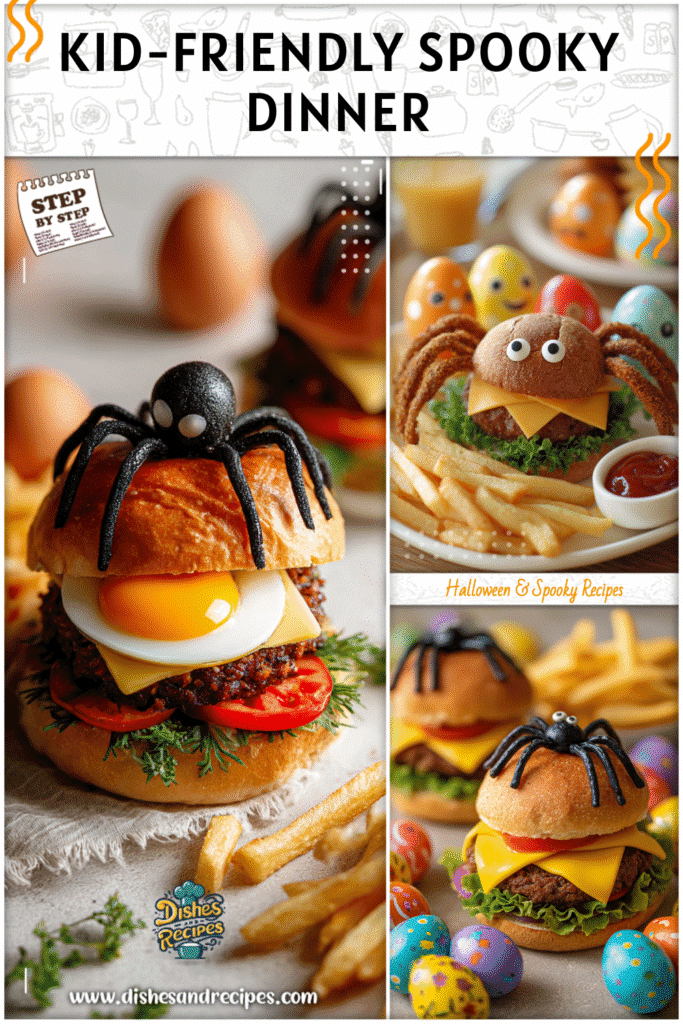 A kid-friendly spider burger with fries styled next to Halloween eggs and fun party decorations.